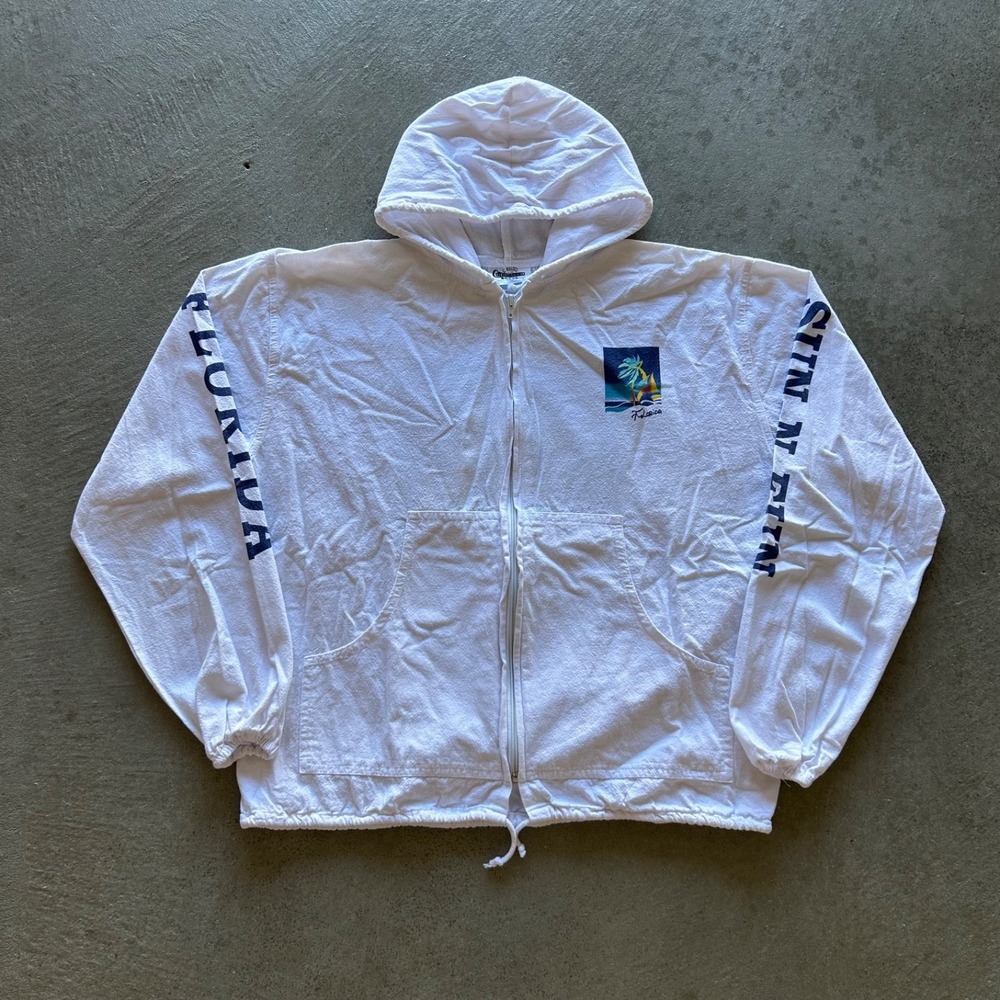 Vintage 90s Florida Lightweight Sun Jacket‎ Size Large White Full Zip Hooded